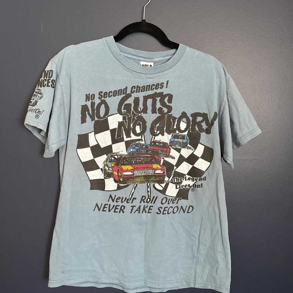 Vintage 1980s HRLA Racing T Shirt Blue No Guts No Glory Car Graphic Mens M